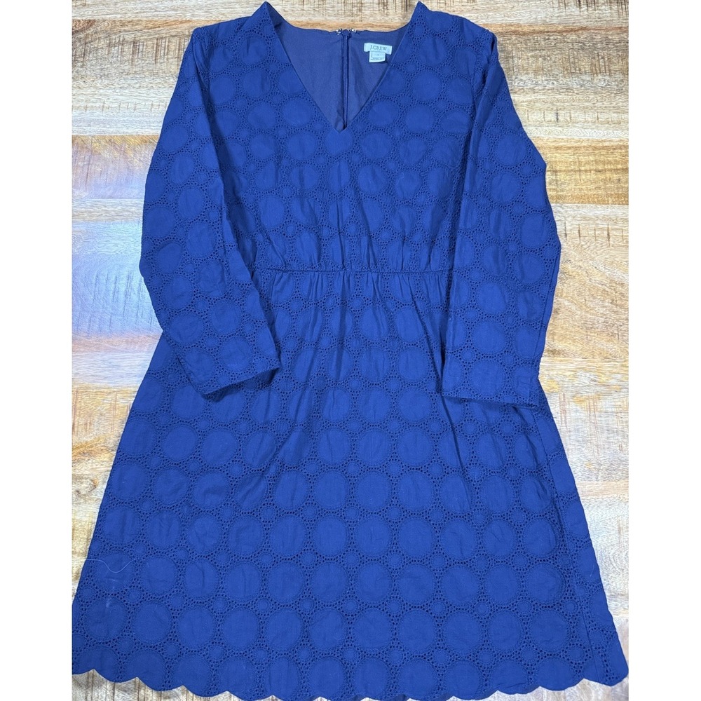J Crew Eyelet Dress Womens 4 Navy Blue V Neck Long Sleeve Scalloped Hem